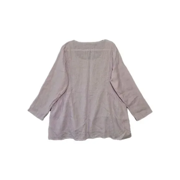 Flax Women's Lilac Linen Lagenlook Long Sleeve Pocket Tunic Top Medium